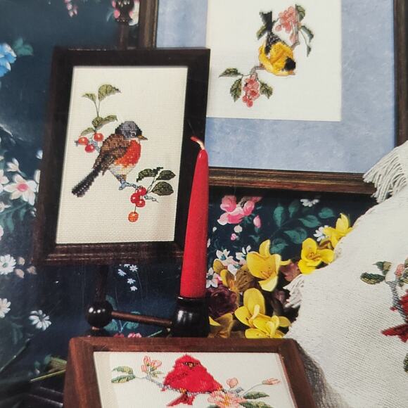 Country Cross Stitch Nestling Sampler Robin, Cardinal, Finch & More Patterns - Picture 3 of 5